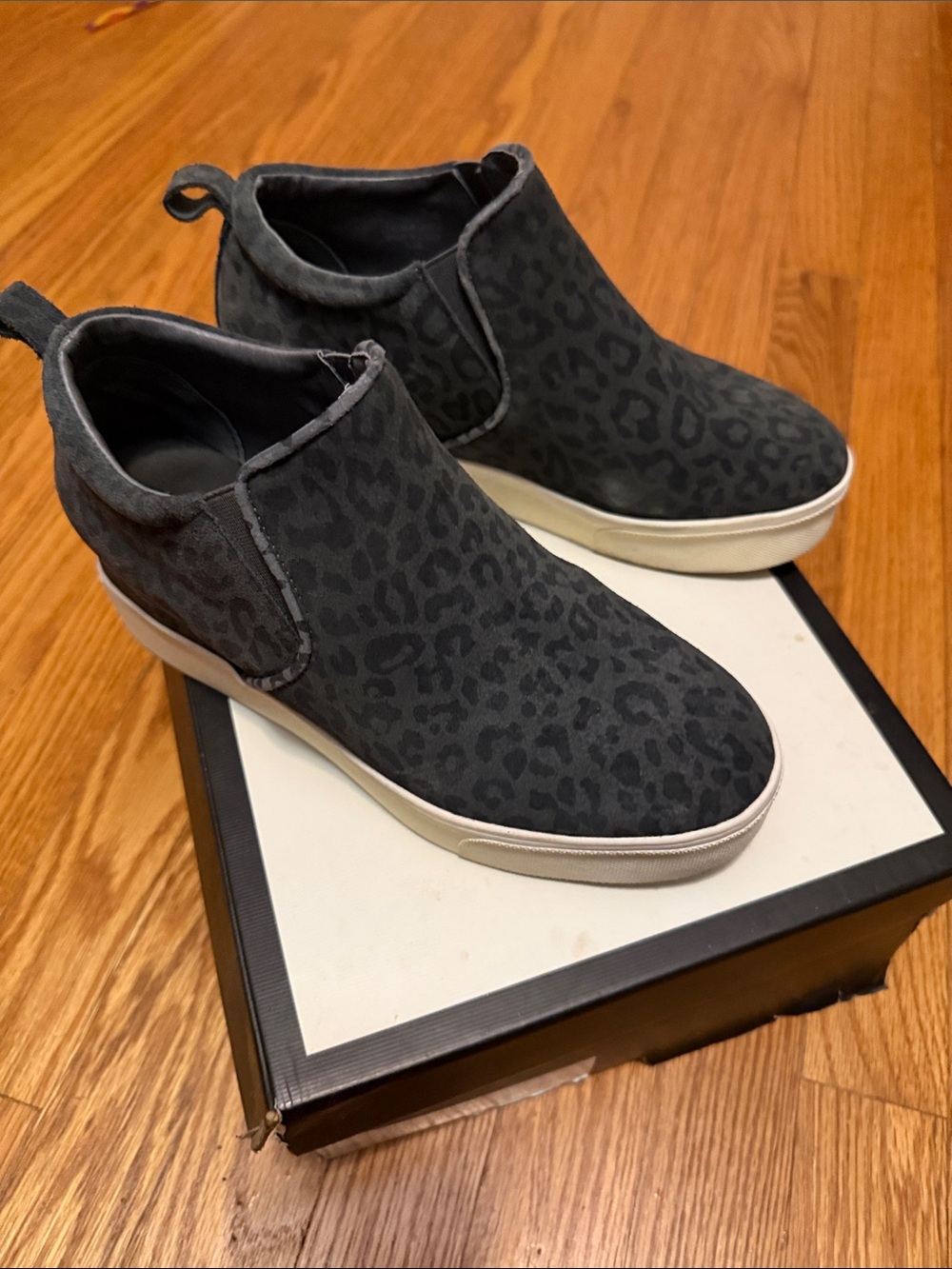 J Brand Black/Gray Leopard Suede Print Slip-On Sneakers Size 7.5